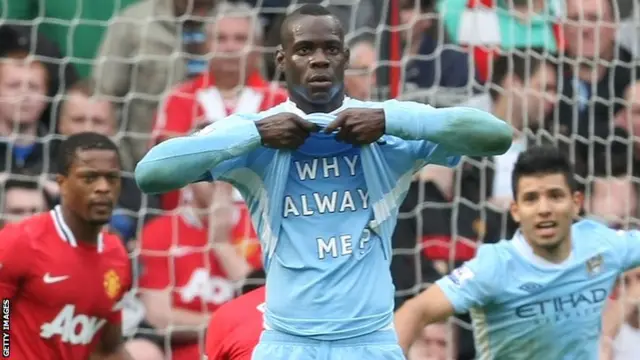 Mario Balotelli scores against Manchester United