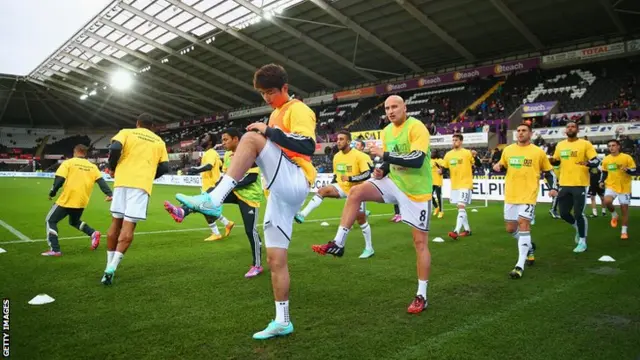 Swansea City players training before the match