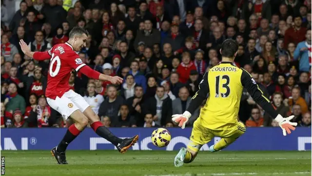 Robin van Persie shoots towards goal