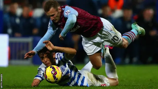 Aston Villa's Andreas Weimann fouls QPR's Yun Suk-young