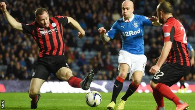 Frazer Wright goes into challenge Rangers midfielder Nicky Law.