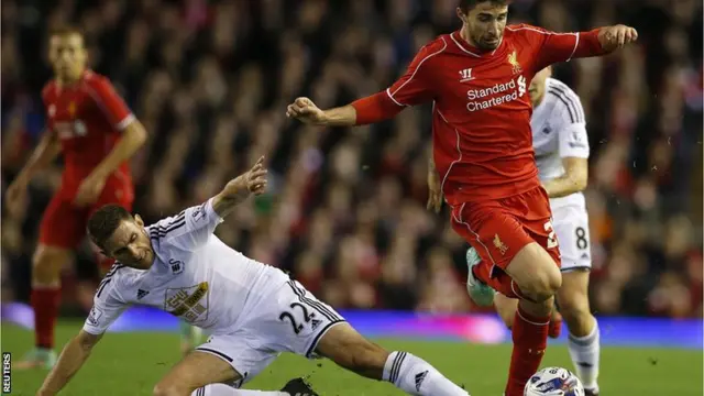 Liverpool's Fabio Borini leaves Swansea's Angel Rangel behind him