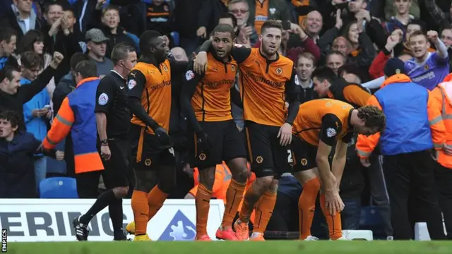 Wolves celebrate their victory at Leeds