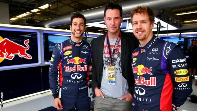 Daniel Ricciardo, Keanu Reeves and Sebastian Vettel