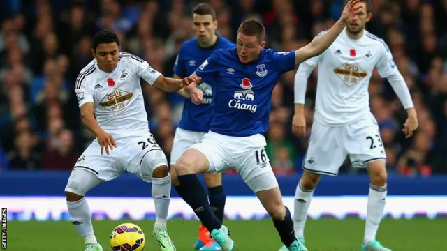 Swansea's Jefferson Montero and Everton's James McCarthy