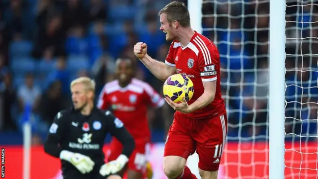 West Brom's Chris Brunt celebrates Leicester's own goal