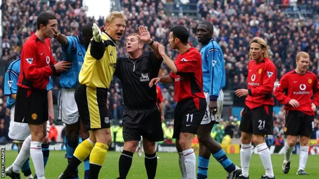 Manchester City take on Manchester United at Maine Road in November 2002