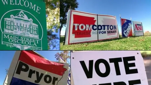 Welcome to Main Street Osceola sign, Tom Cotton sign, Pryor sign, Vote Here sign