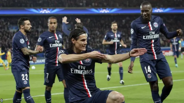 Edinson Cavani celebrates scoring against APOEL Nicosia