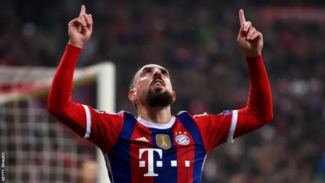 Franck Ribery celebrates scoring for Bayern Munich against Roma