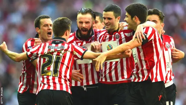 Sheffield United celebrate a semi-final goal at Wembley