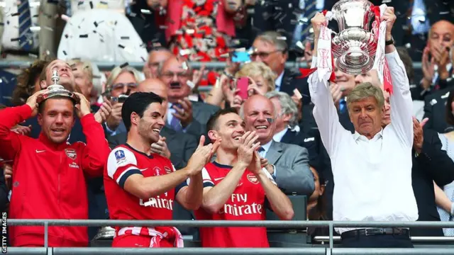 Arsenal manager Arsene Wenger lifts the FA Cup