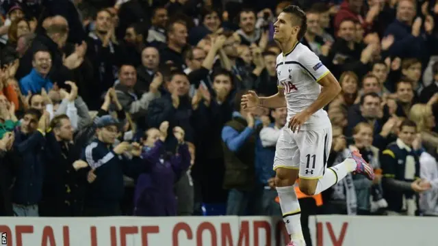 Erik Lamale celebrates scoring for Tottenham against Asteras Tripoli