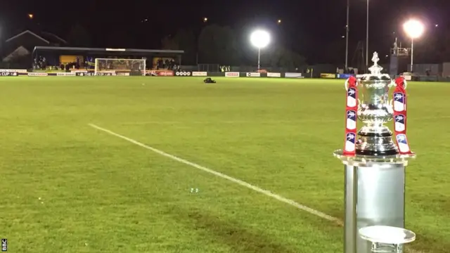 The FA Cup is pictured on the pitch ahead of Warrington's match with Exeter