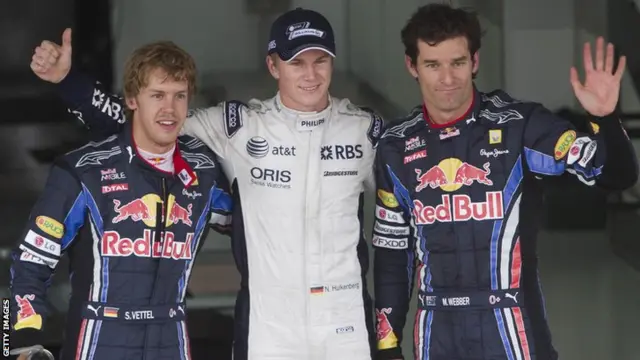 Nico Hulkenberg celebrates getting pole position at the Brazilian Grand Prix in 2010