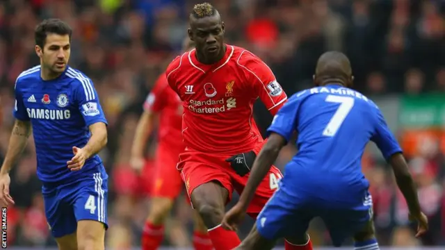 Liverpool striker Mario Balotelli runs at the Chelsea defence