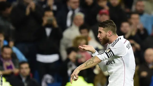 Sergio Ramos celebrates after scoring for Real Madrid