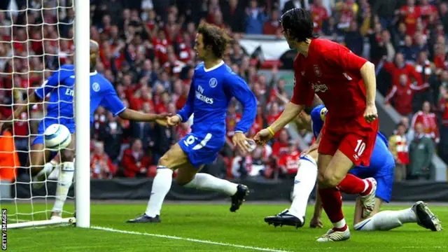 Luis Garcia scores against Chelsea