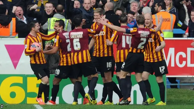 Bradford City celebrate their first goal against Halifax
