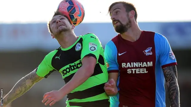 Forest Green Rovers' James Norwood and Scunthorpe's Andrew Boyce