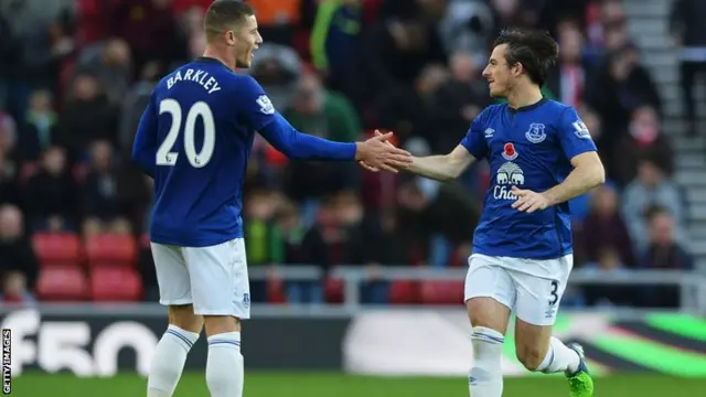 Leighton Baines and Ross Barkley celebrate after equalising against Everton