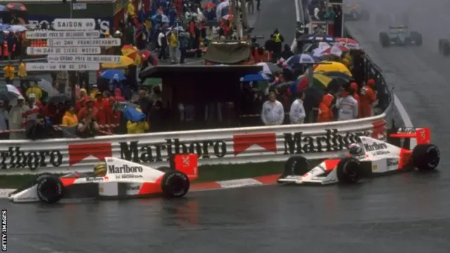 McLaren Honda driver Ayrton Senna of Brazil leads into the first corner followed by team mate Alain Prost of France during the Belgian Grand Prix at the Spa circuit in Belgium in 1989.