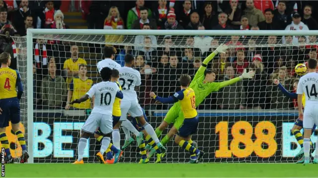 Calum Chambers clears off the line for Arsenal