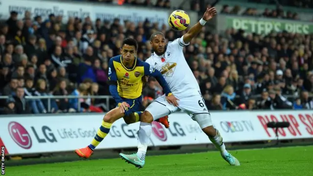 Alexis Sanchez fights for the ball with Ashley Williams