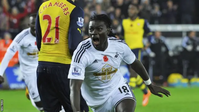 Bafetimbi Gomis scores for Swansea against Arsenal