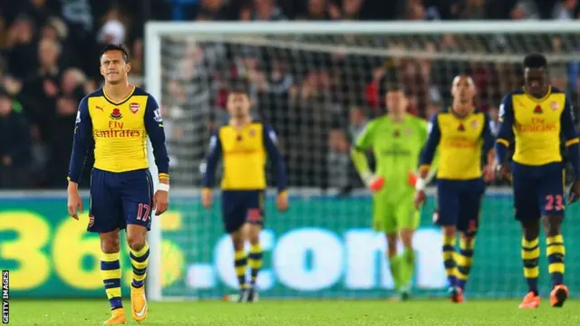 Arsenal walk off the pitch dejected after losing to Swansea