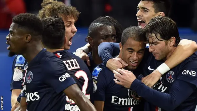 PSG celebrate after scoring against Marseille