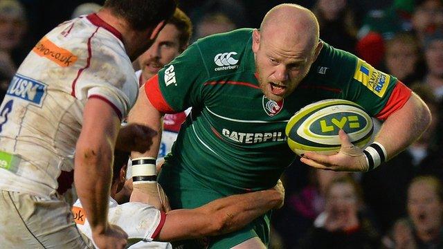 Leicester's Dan Cole (right) breaks away against Sale