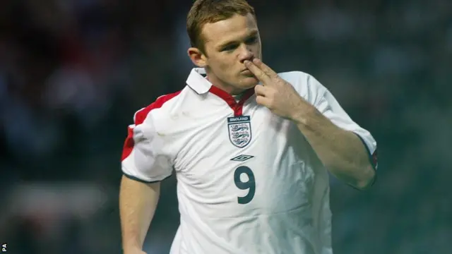 Wayne Rooney celebrates after scoring against Denmark in 2003