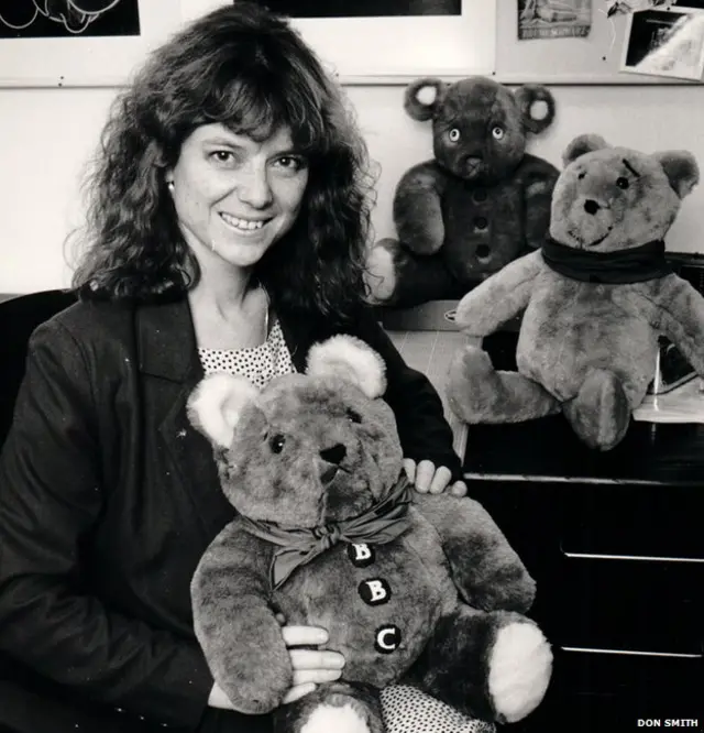 Joanna Lane with early prototypes of Pudsey Bear