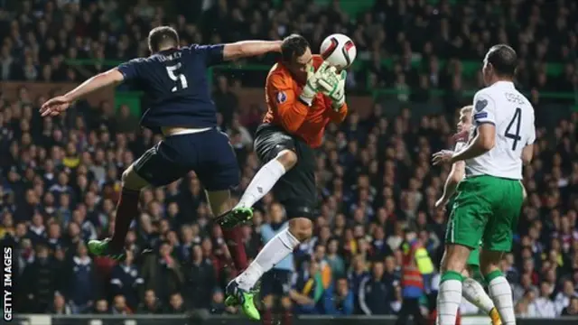 Grant Hanley challenges Rep of Ireland keeper David Forde