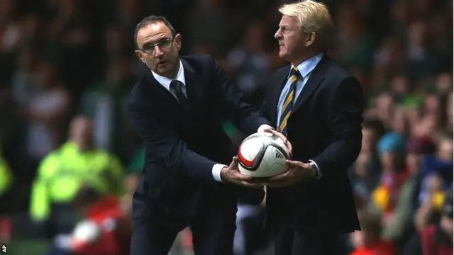 Martin O'Neill gets the ball off manager Gordon Strachan