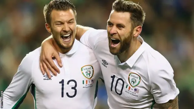 Anthony Pilkington and Daryl Murphy celebrate Ireland's opening goal