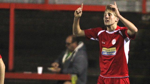 Marcus Carver celebrates after scoring Accrington's second goal