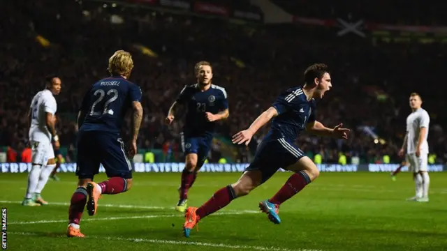 Andrew Robertson celebrates scoring for Scotland against England