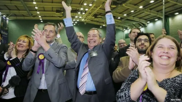 UKIP leader Nigel Farage leads his party's celebrations