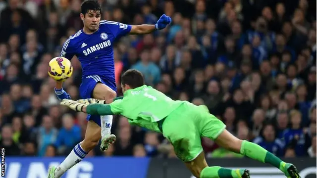 Diego Costa is challenged by Ben Foster