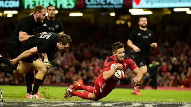 Wales scrum-half Rhys Webb touches down for his try against New Zealand