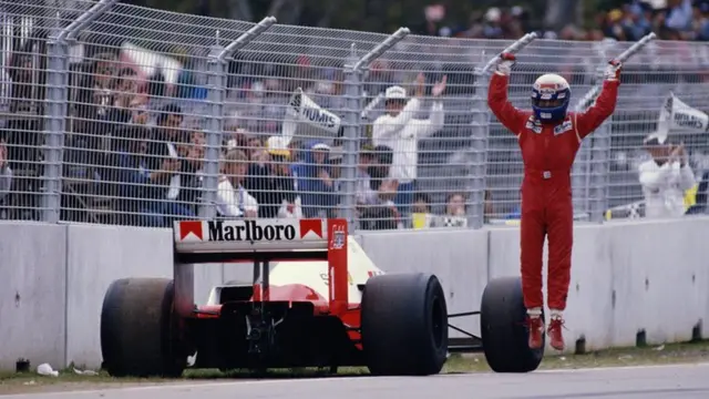 Alain Prost, driver of the 1 McLaren International McLaren jumps in the air and raises his arms aloft in celebration after winning the race and World Championship title