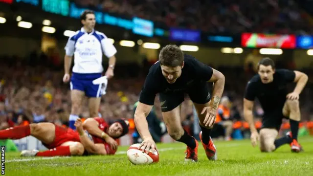 New Zealand fly-half Beauden Barrett scores his second try in the 34-16 win over Wales