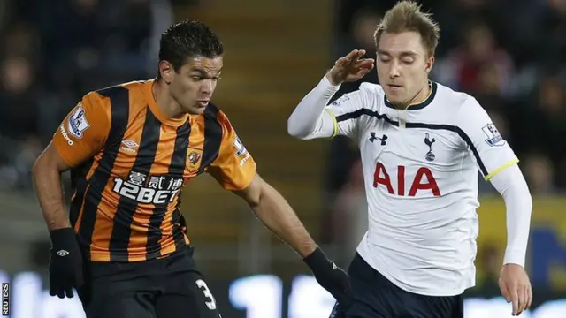 Tottenham's Christian Eriksen takes on Hull's Hatem Ben Arfa