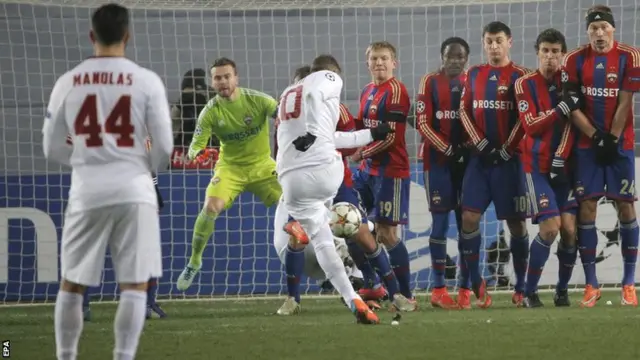 Roma's Francesco Totti scores against CSKA Moscow in the Champions League