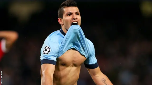 Sergio Aguero celebrates his winner against Bayern Munich