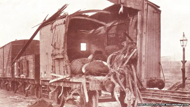 Shell damage to goods wagons, West Hartlepool, which the 8.27 Liverpool Express narrowly escaped