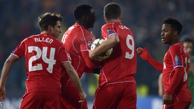 Liverpool celebrate Rickie Lambert's goal