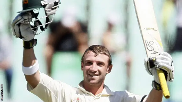 Phil Hughes celebrates his century against South Africa